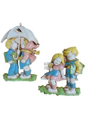 Homco Vintage Nursery Wall Plaques Children Wall Decor Pastel Boy Girl Set 2